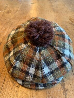 Vintage Tweed Brown Multi Plaid Wool Newsboy Cap with Pom